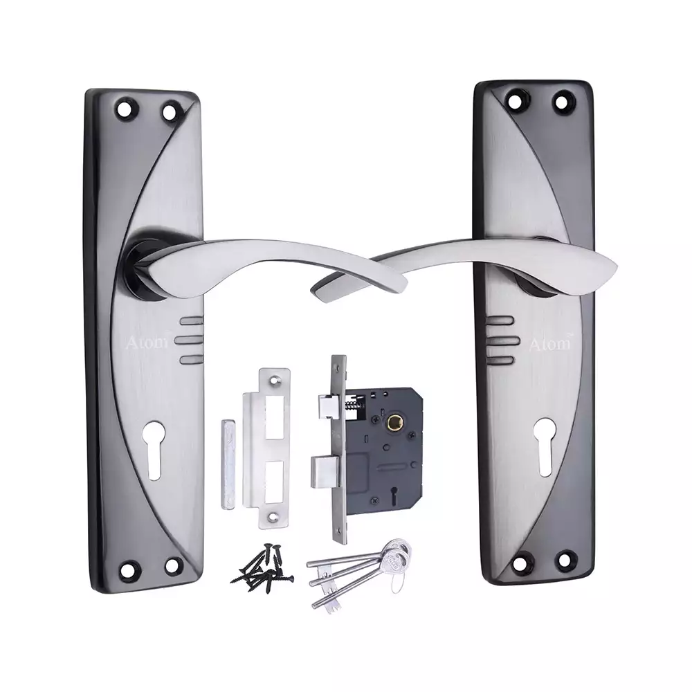 Atom 1003 Door Handleset with Mortise Lock Iron Made Mortise Pair With Double Turn Lock (3 Keys) Black Silver Finish