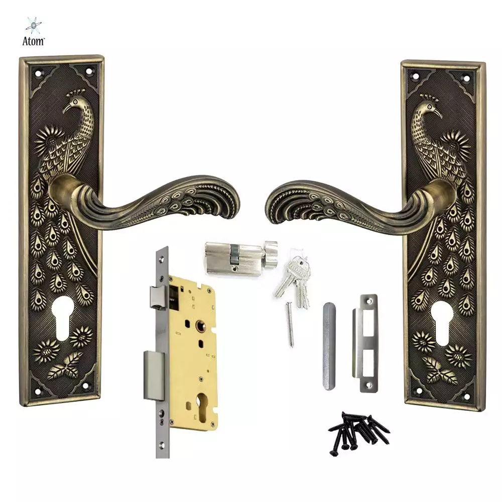 Atom Locks Mortise Door Handleset with Mortise Lock Atom Mayur Zinc Antique Finish with 1 Side Knob Cylindrical Lock and 3 Keys (9.5 Inch)