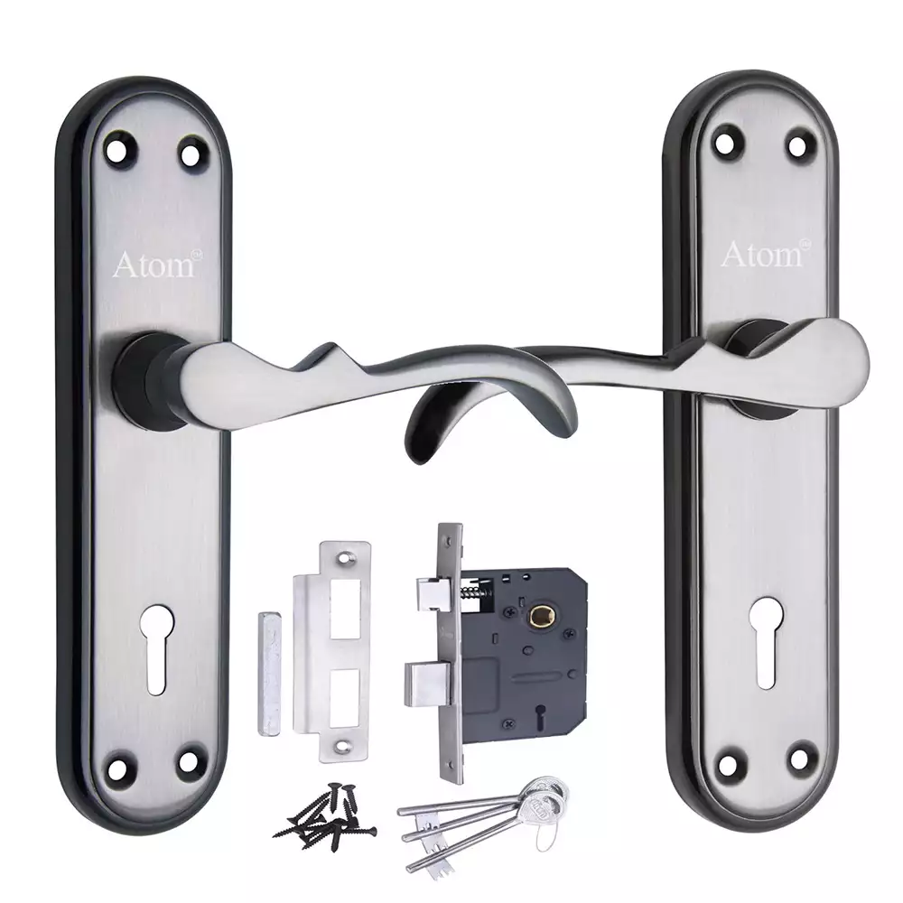 Atom Locks Double Action Mortise Door Handleset with Mortice Lock Atom Mercury Black Silver Finish with 3 Keys