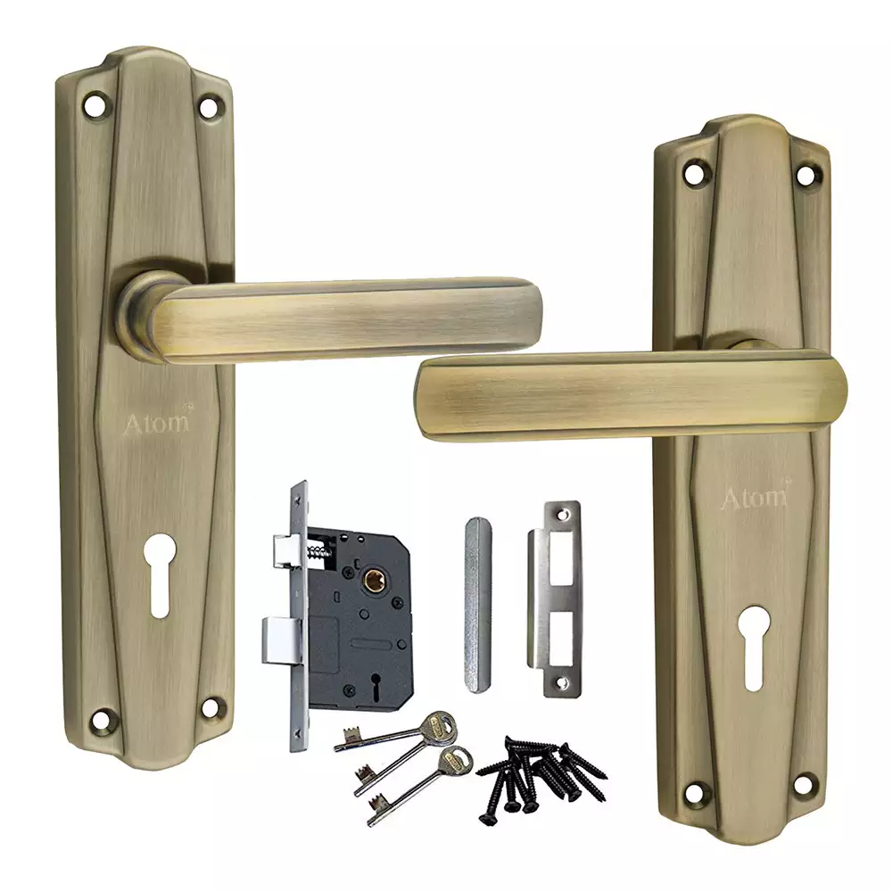 Atom Locks Double Stage Brass Antique Finish Door Handleset with Lock 3 Keys (7 Inch)