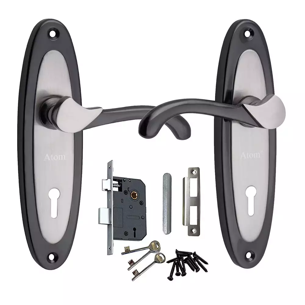 Atom Locks Mortise Door Handleset with Mortise Lock Atom 412 K.Y Black Silver Finish