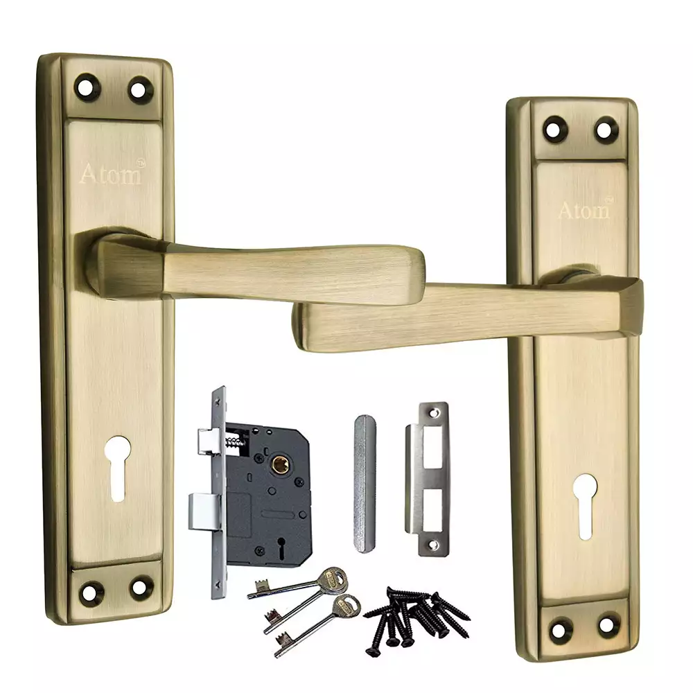 Atom Locks WIH607BA.L-2 Iron KY Handle on Plate Door Handleset With Lock Body and Keys (Brass Antique)