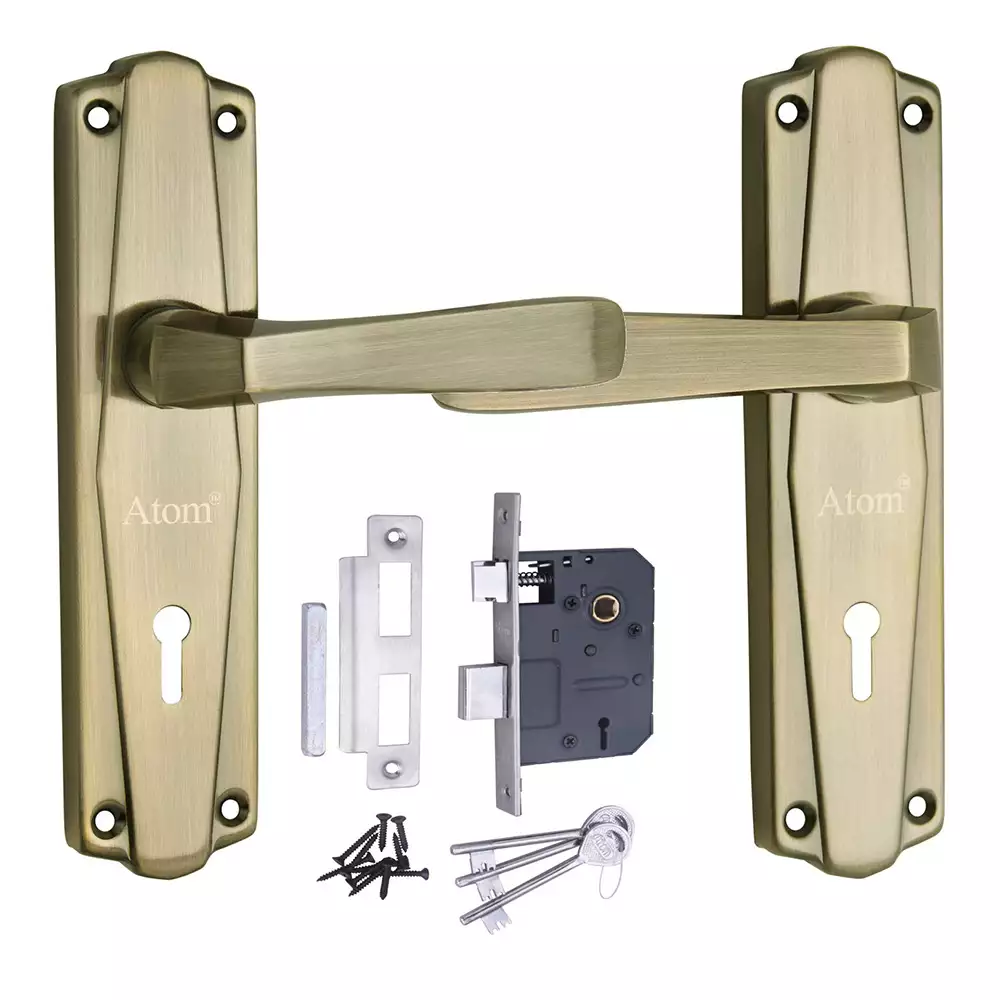 Atom Locks Double Stage Mortise Door Handleset with Mortise Lock Atom 610 Brass Antique Finish with Lock 3 Key