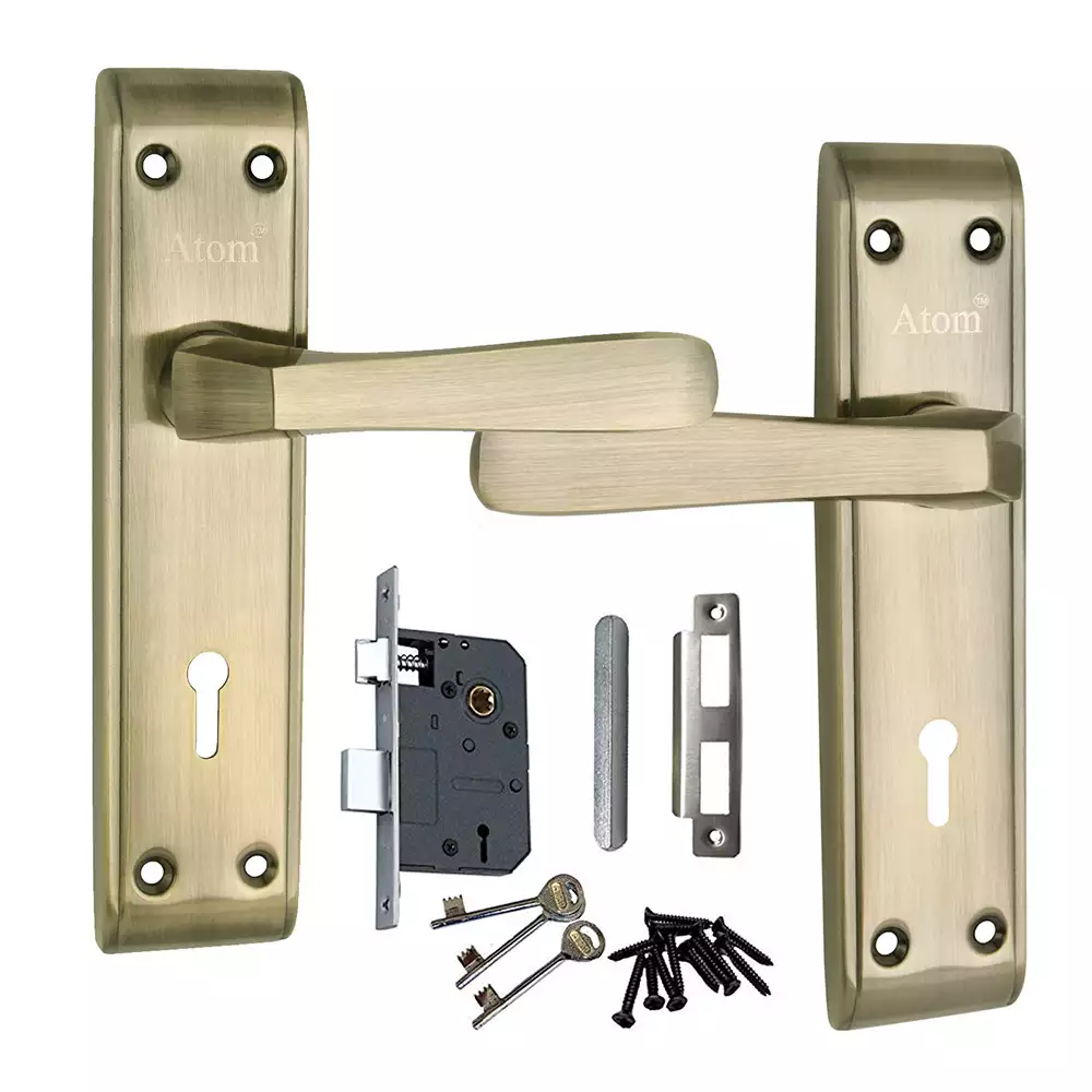 Atom Locks Double Action Lezend Mortise Door Handleset with Mortise Lock Atom 1002 Brass Antique Finish (65 mm)