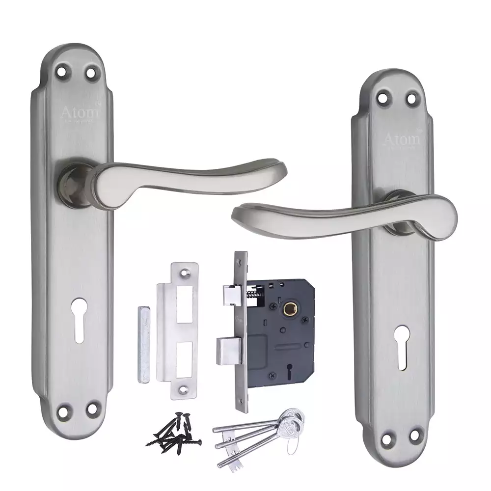 Atom Locks Mortise Door Handleset with Mortise Lock Atom Alfa Satin Finish With Two Sided Key Hole Lock