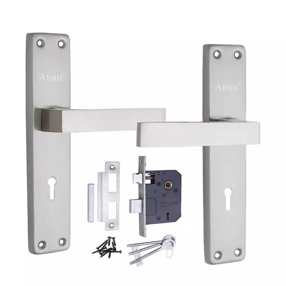 Atom Locks Mortise Door Handleset with Mortise Lock Atom Stainless Steel 304 Grade Fortune Satin Finish With 2-Sided Key Hole Lock