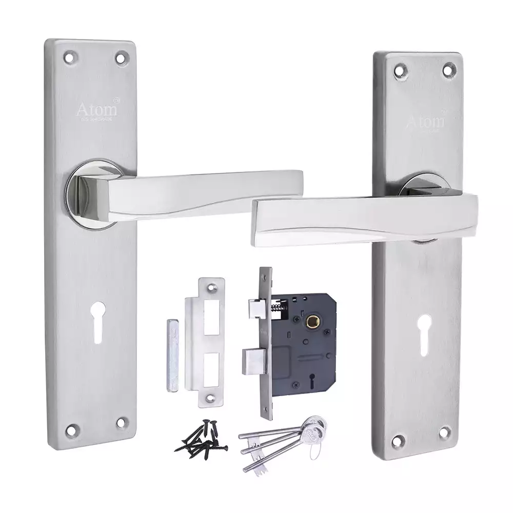 Atom Locks Double Action Mortise Door Handleset with Mortice Lock Atom Jupiter-2 K.Y. 8inch Stainless Steel 304 Grade Satin Finish