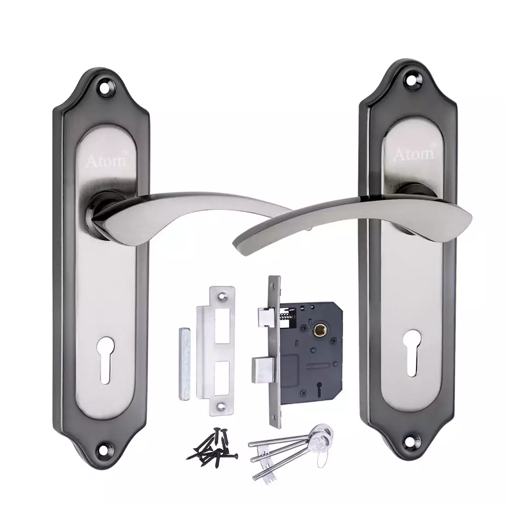 Atom Locks Mortise Door Handleset with Mortice Lock Atom 509 Double Turn Lock (3 Keys) Black Silver Finish