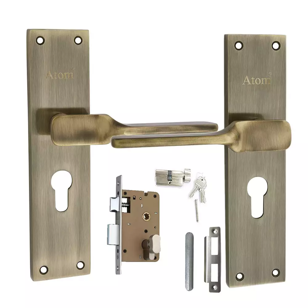 Atom Locks Mortise Door Handleset with Mortise Lock Atom Al-52 C.Y Brass Antique with Osk (One Side Knobe One Side Key)