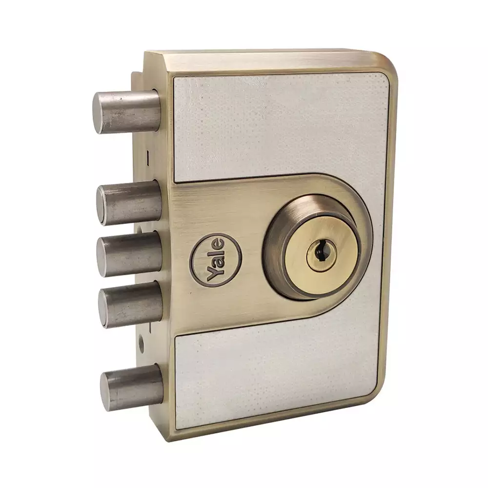 Yale CBD-Cinco 500 Double Cylinder Rim Lock With 5 Dead Bolt, Both Side Keys, Antique Brass