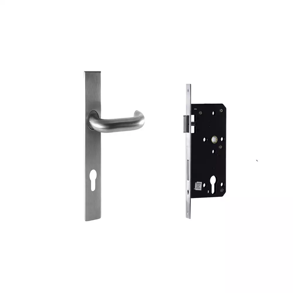 Hafele 911.83.534 One Side Key & One Side Knob 9 Inch Plate Door Handleset- Stainless Steel Matt