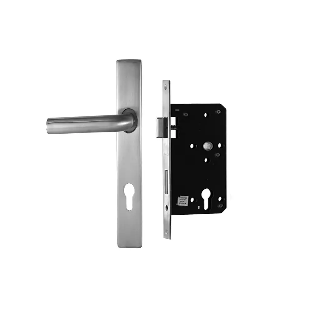 Hafele 911.83.546 One Side Key & One Side Knob 9 Inch Plate Door Handleset- Stainless Steel Matt