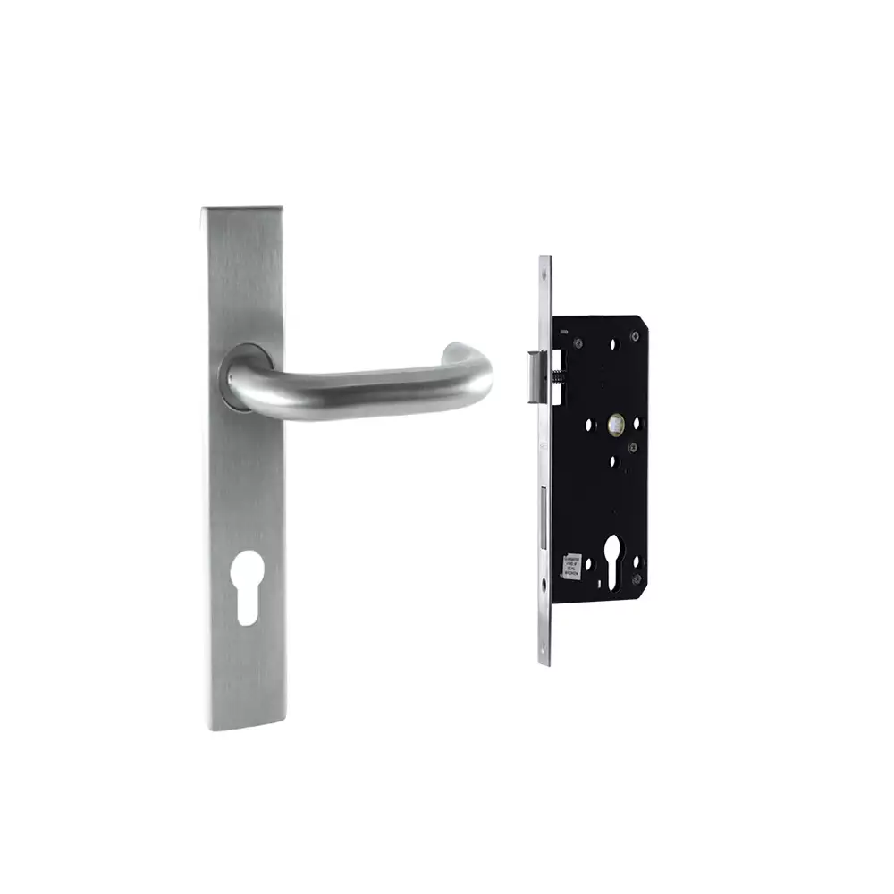 Hafele 911.83.548 One Side Key & One Side Knob 9 Inch Plate Door Handleset- Stainless Steel Matt