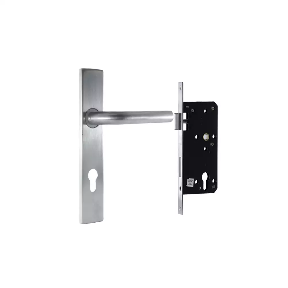 Hafele 911.83.549 One Side Key & One Side Knob 9 Inch Plate Door Handleset- Stainless Steel Matt