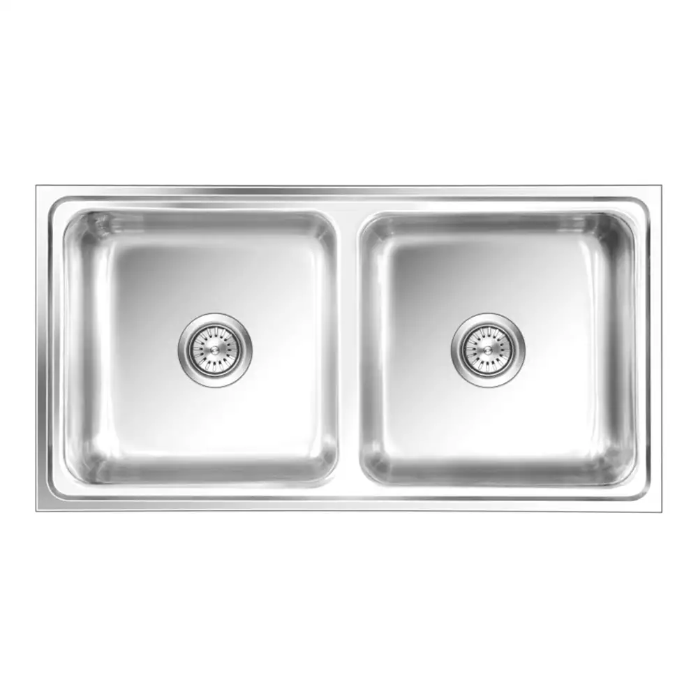 Nirali Opal Small Pressed Stainless Double Bowl Kitchen Sink + Coupling Satin - (37.5 x 20) Inches