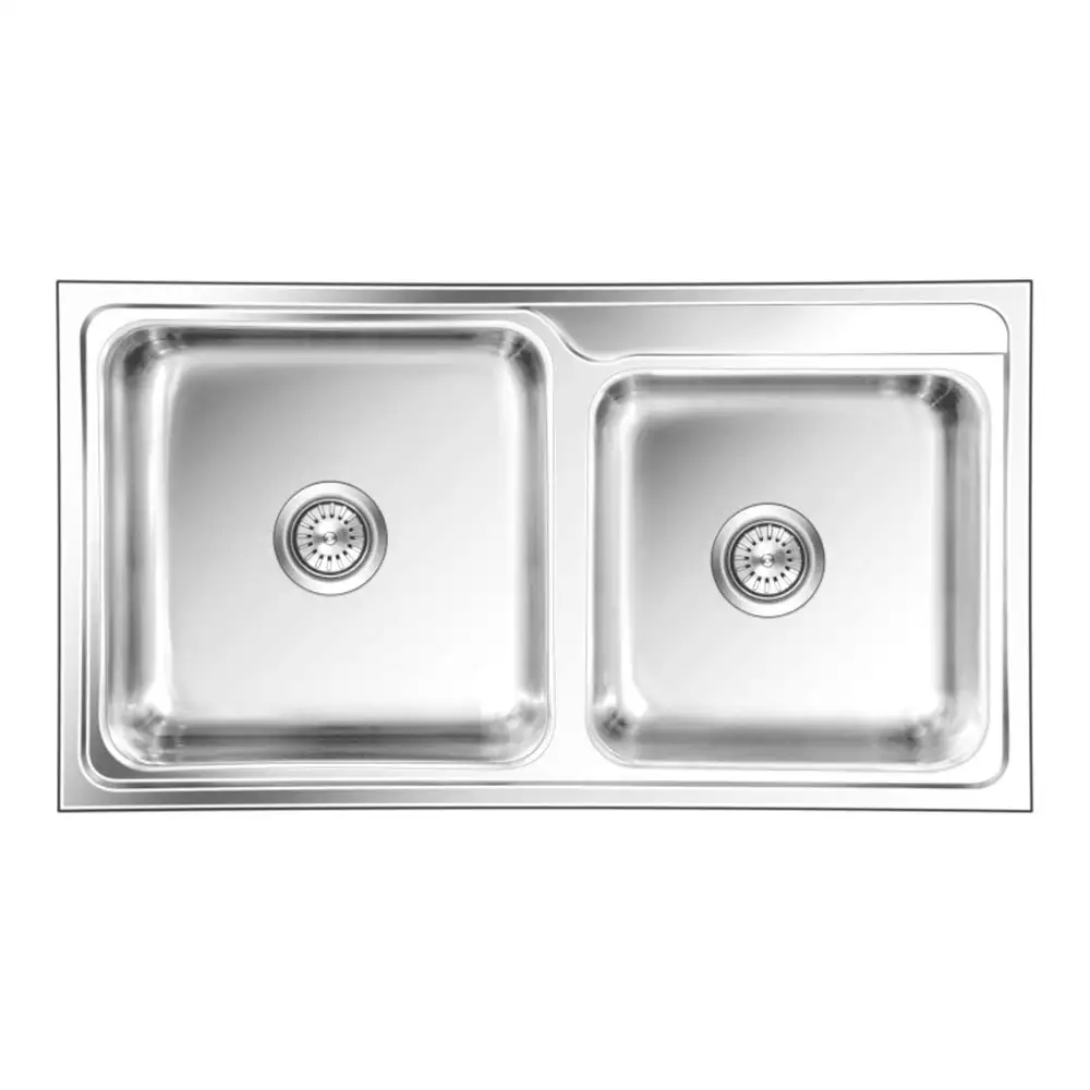 Nirali Ornate Pressed Stainless Double Bowl Kitchen Sink + Coupling Satin - (39.5 x 21.5) Inches