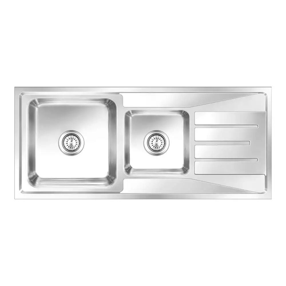 Nirali Orus Pressed Stainless Double Bowl Kitchen Sink + Coupling Glossy - (46 x 20) Inches