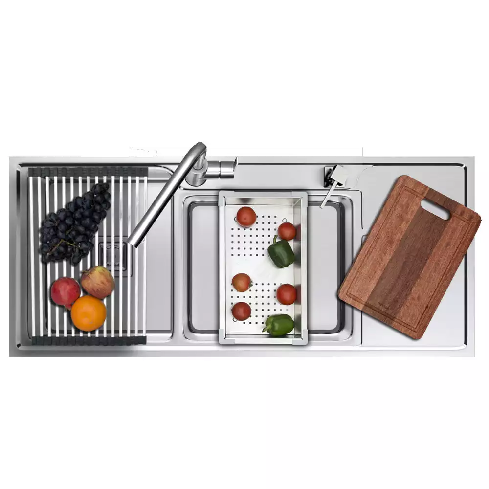 Hekken Hex Chef Pro 11650C Stainless Steel 304 Double Bowl Kitchen Sink Combo With Drainboard, Satin Finish - (46 L x 20 W x 9 D) Inch