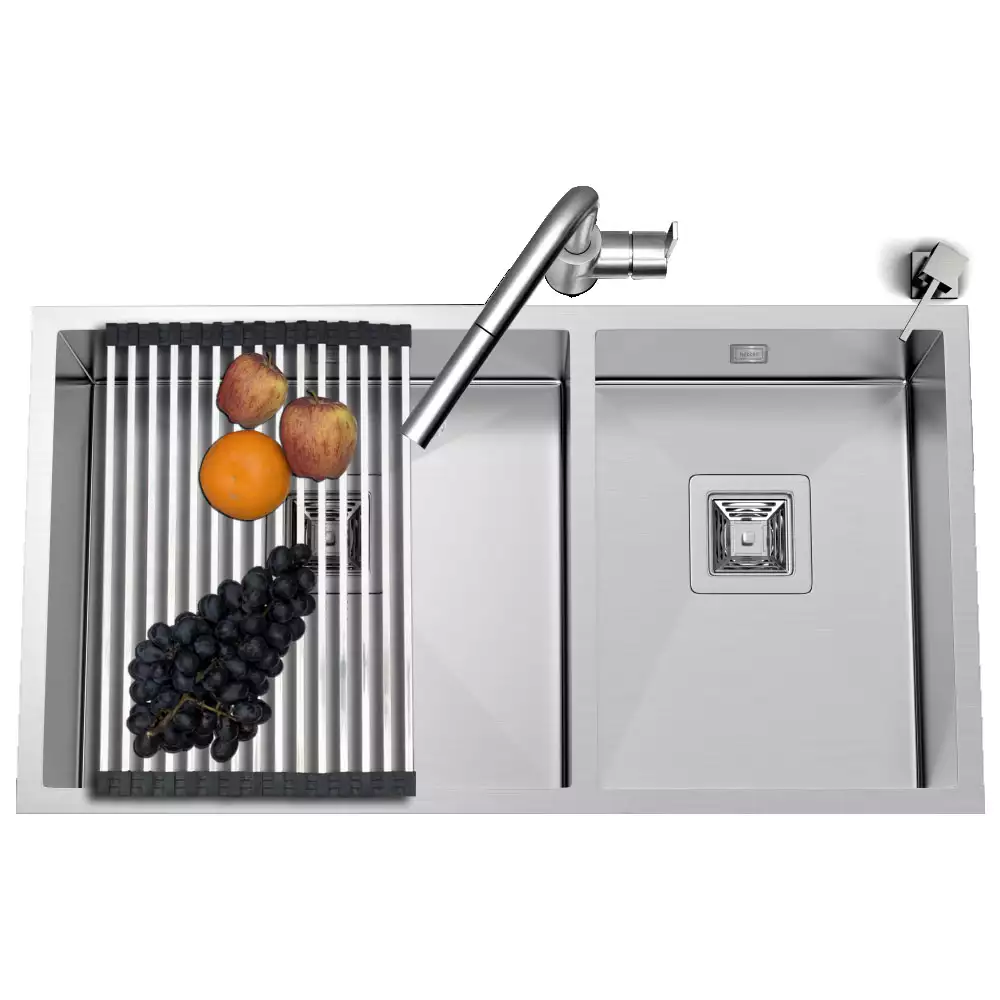 Hekken Hex Chef Pro 9451C Stainless Steel 304 Double Bowl Kitchen Sink Combo, Satin Finish (37 L x 20 W x 9 D) Inch