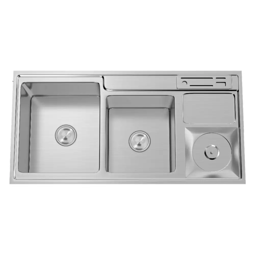 Hekken Hex Cub Ax Stainless Steel 304 Double Bowl Kitchen Sink With Knife/Spoon Holder & Waste Bin - Satin (36 L x 17 W x 9 D) Inch