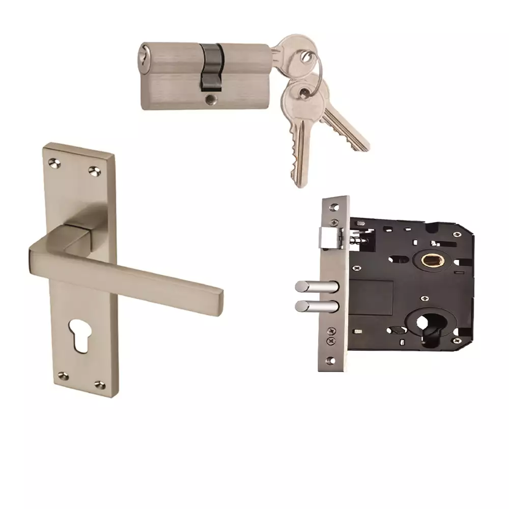 AHA! Lynn-L Zinc Lever Handle On 225 mm Plate With 70 mm BSK Brass Cylinder And Eco. Lock Body - Dull Nickel Brushed (DNB)