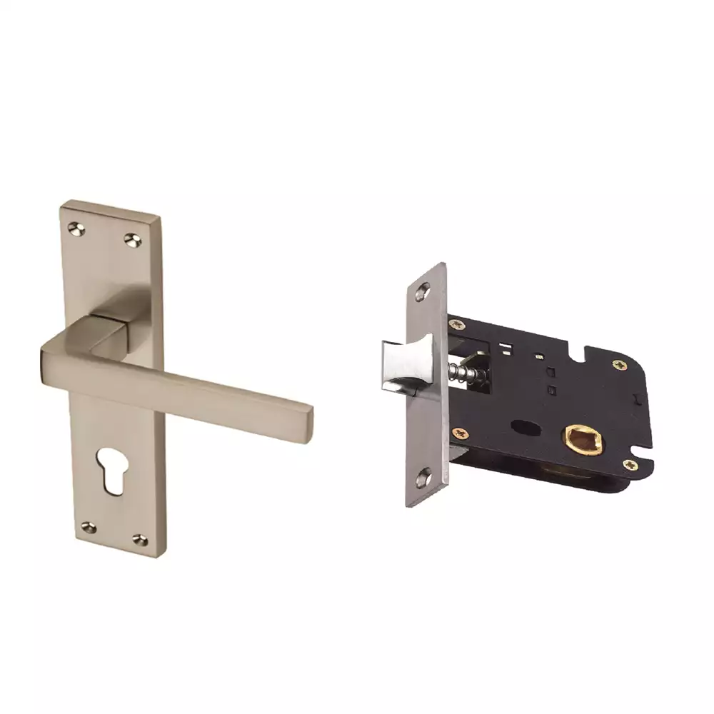 AHA! Lynn-L Zinc Lever Handle On 225 mm Plate With Bathroom Latch - Dull Nickel Brushed (DNB)