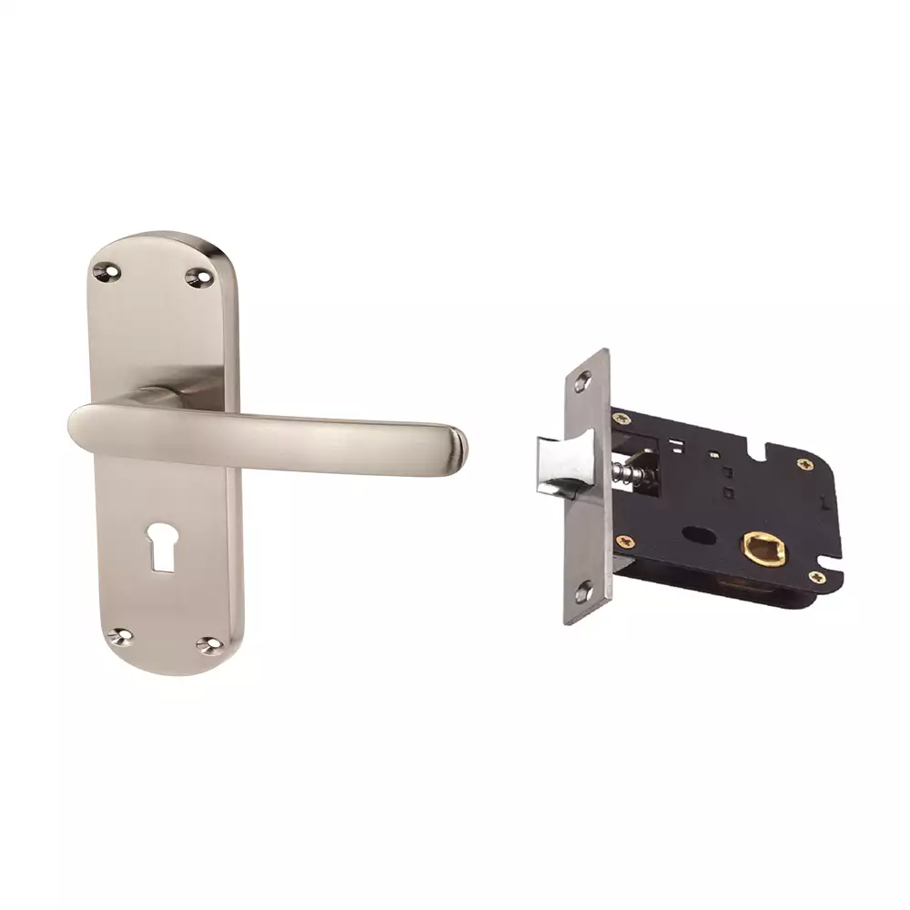 AHA! Shanghai-L Zinc Lever Handle On 200 mm Plate With Bathroom Latch - Dull Nickel Brushed (DNB)