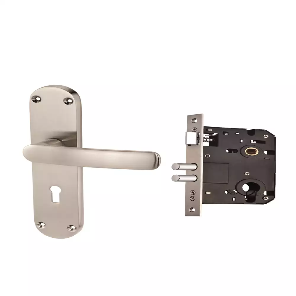 AHA! Shanghai-L Zinc Lever Handle On 200 mm Plate With KY Lock Body - Dull Nickel Brushed (DNB)