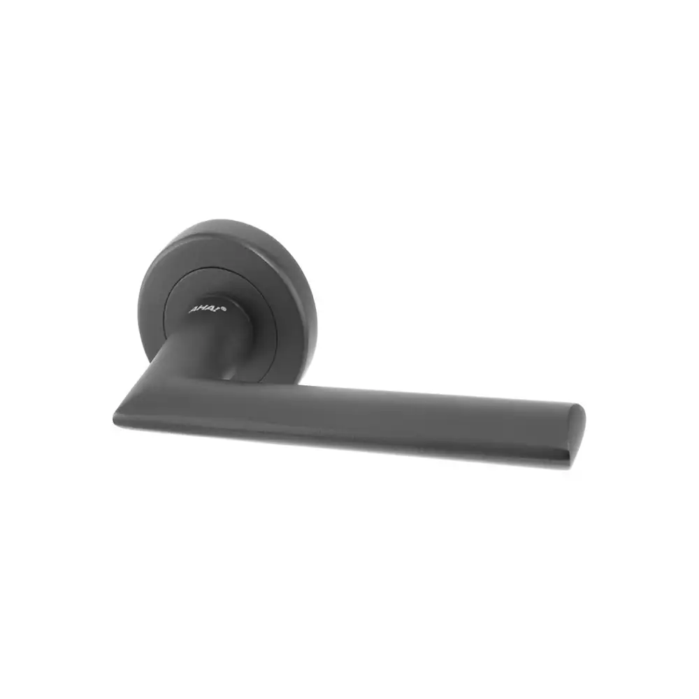 AHA! Roy Aluminium Lever Handle On Round Rose - Powder Coated Black (PCB)