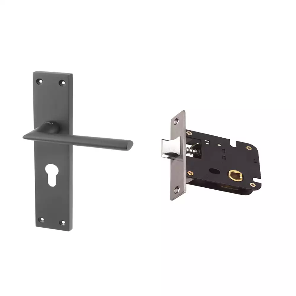 AHA! Roy-L Aluminium Lever Handle On 225 mm Plate With Bathroom Latch - Powder Coated Black (PCB)