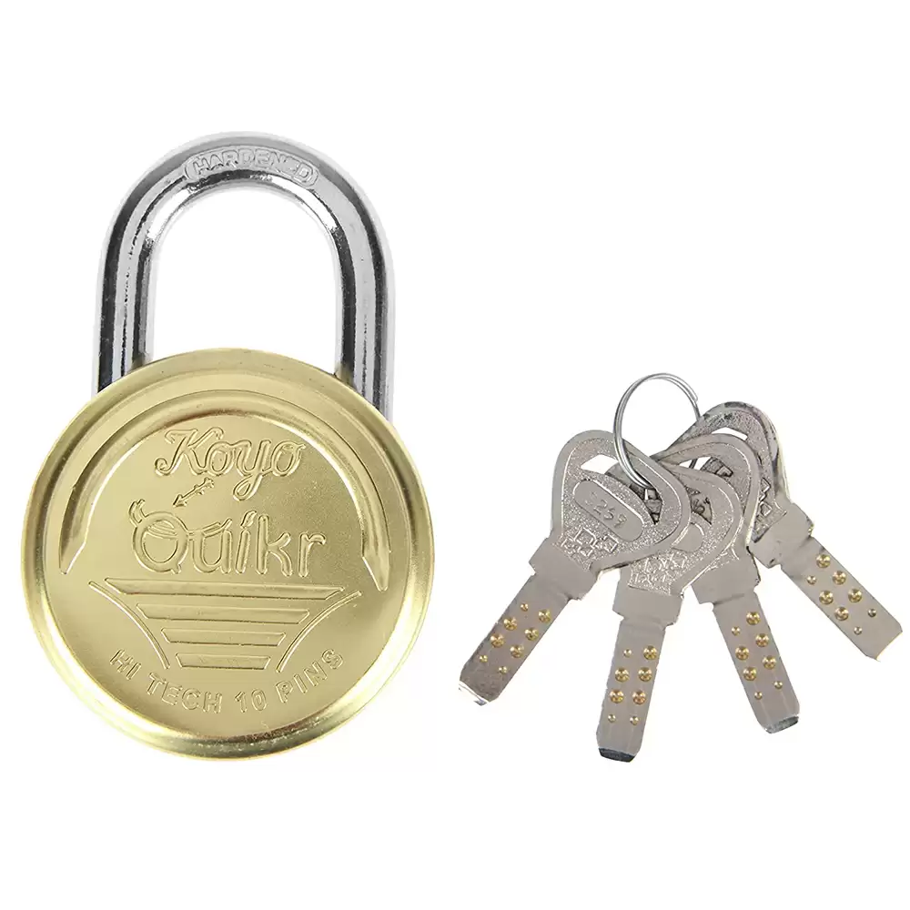 Koyo Quickr Hi Tech KQHT_67 Levers 10 Pins and 67 mm Brass Push Padlock with 4 Keys, Gold