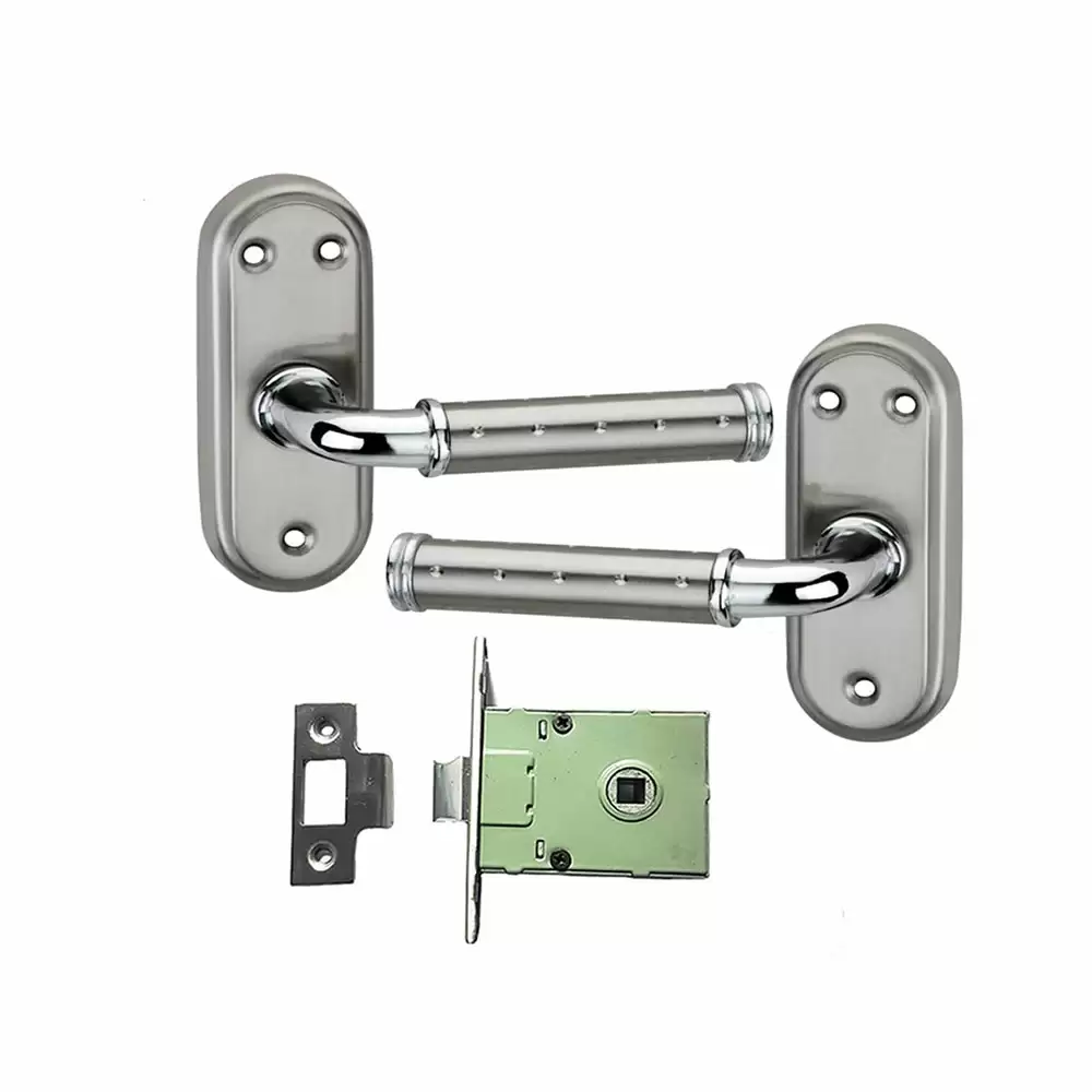 Atom Locks BL-FLORADOTTED-SS Handle on Plate Door Handleset With Lock Body and Keys (Satin)