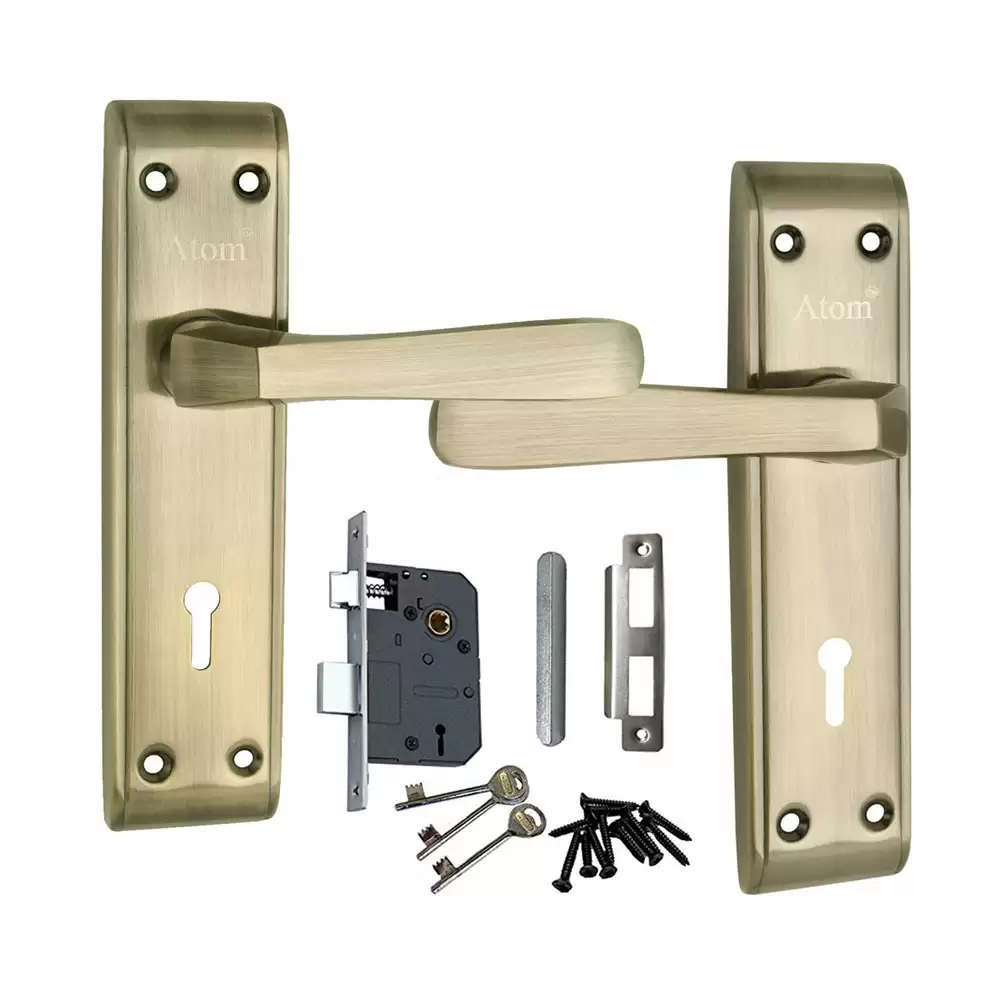 Atom Locks MH-1002-KY-BA Brass KY Handle on Plate Door Handleset With Lock Body and Keys (Brass Antique)