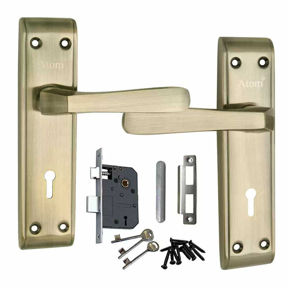 Atom Locks MH-1002-KY-BS Iron KY Handle on Plate Door Handleset With Lock Body and Keys (Black Silver)