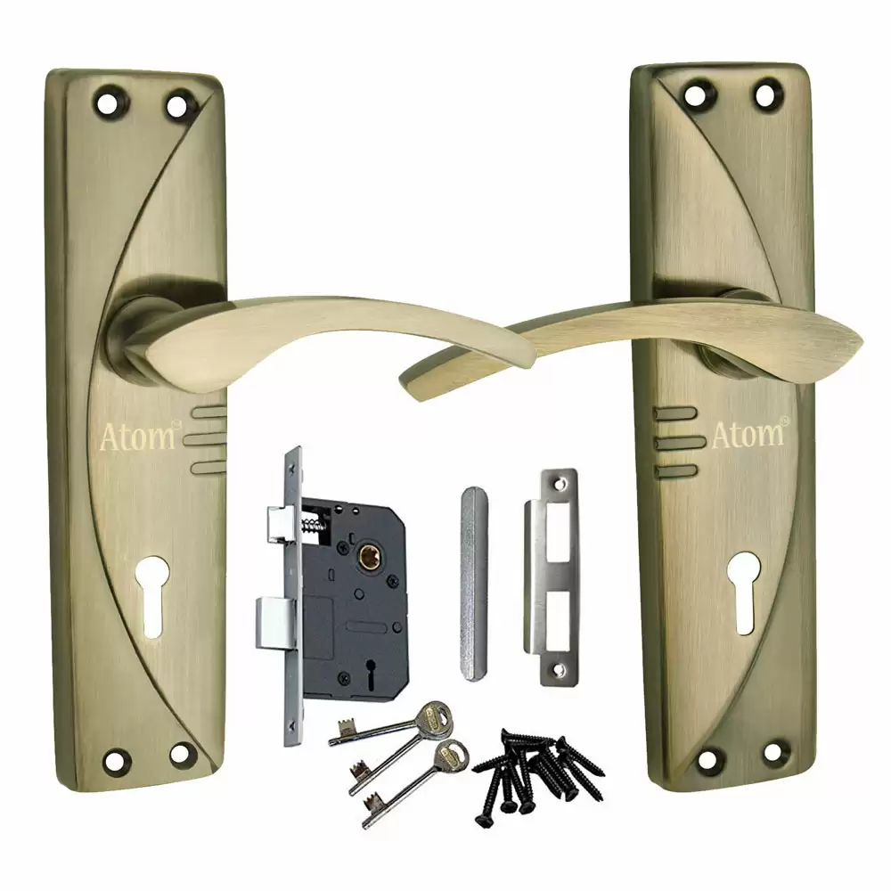 Atom Locks MH-1003-KY-BA Brass KY Handle on Plate Door Handleset With Lock Body and Keys (Brass Antique)