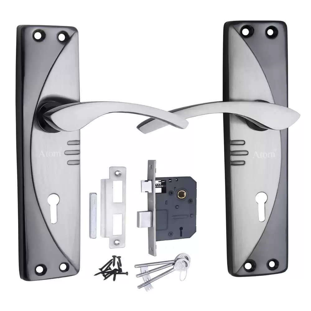 Atom Locks MH-1003-KY-BG Brass KY Handle on Plate Door Handleset With Lock Body and Keys (Black Silver)