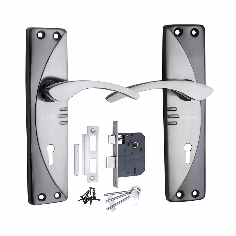 Atom Locks MH-1003-KY-BS Brass KY Handle on Plate Door Handleset With Lock Body and Keys (Black Silver)