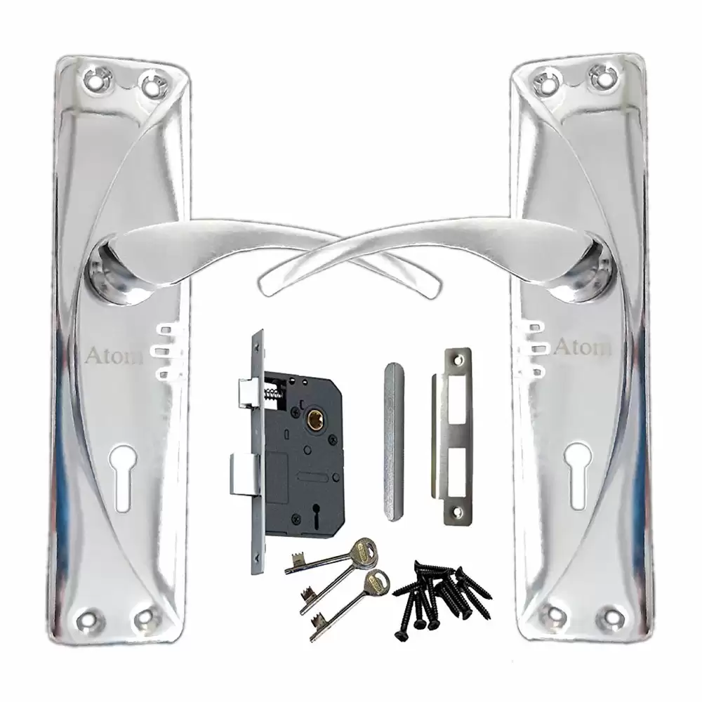 Atom Locks MH-1003-KY-CP Brass KY Handle on Plate Door Handleset With Lock Body and Keys (Chrome Plated Matt)