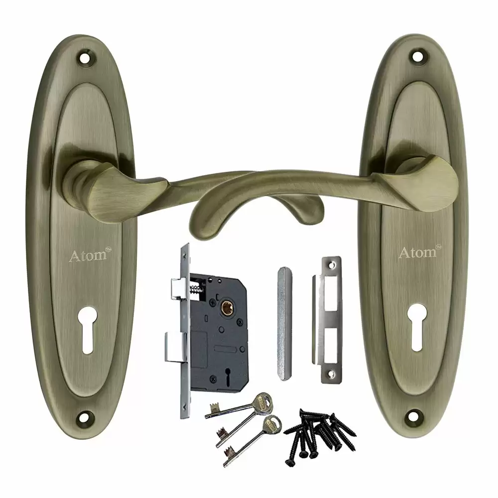 Atom Locks MH-412-KY-BA Brass KY Handle on Plate Door Handleset With Lock Body and Keys (Brass Antique)