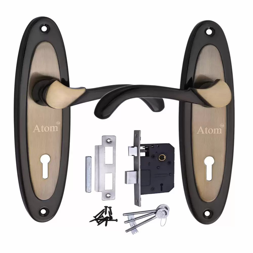 Atom Locks MH-412-KY-BG Brass KY Handle on Plate Door Handleset With Lock Body and Keys (Black Gold)