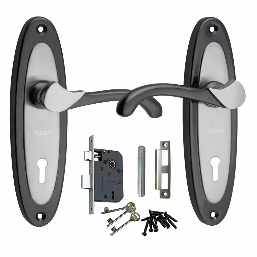 Atom Locks MH-412-KY-BS Brass KY Handle on Plate Door Handleset With Lock Body and Keys (Black Silver)