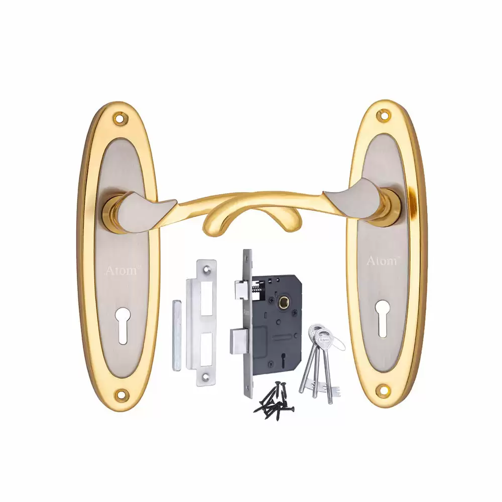 Atom Locks MH-412-KY-SG Iron KY Handle on Plate Door Handleset With Lock Body and Keys (Silver gold)