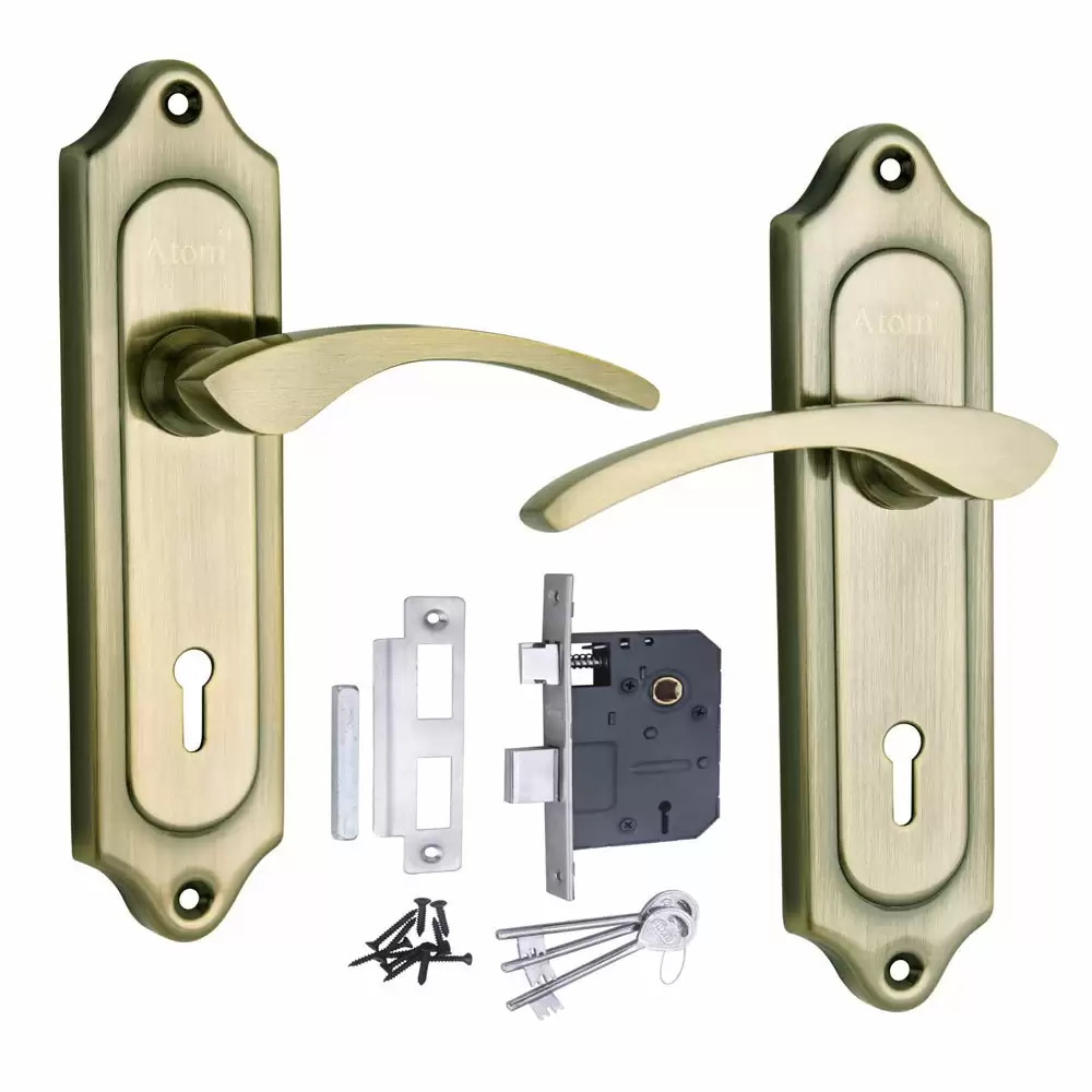 Atom Locks MH-509-KY-BA Brass KY Handle on Plate Door Handleset With Lock Body and Keys (Brass Antique)