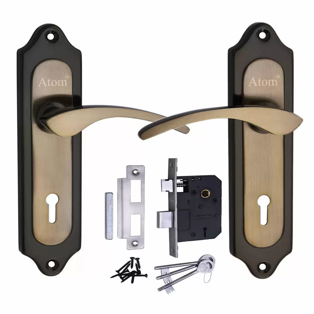 Atom Locks MH-509-KY-BG Brass KY Handle on Plate Door Handleset With Lock Body and Keys (Black Gold)