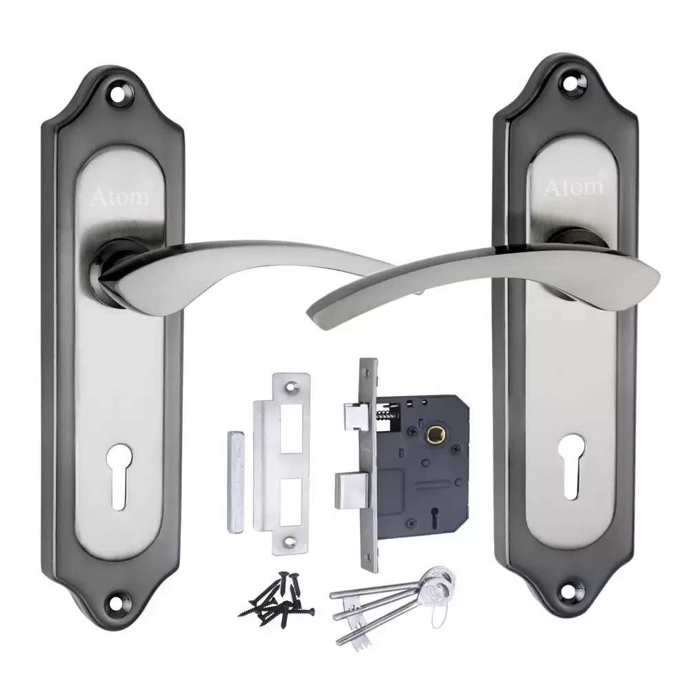 Atom Locks MH-509-KY-BS Brass KY Handle on Plate Door Handleset With Lock Body and Keys (Black Silver)