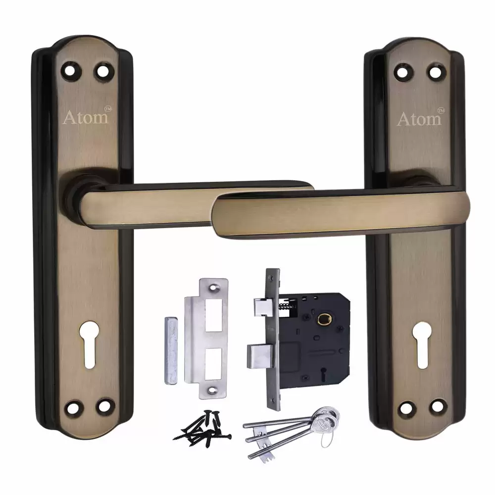 Atom Locks MH-606-KY-BG Brass KY Handle on Plate Door Handleset With Lock Body and Keys (Black Gold)