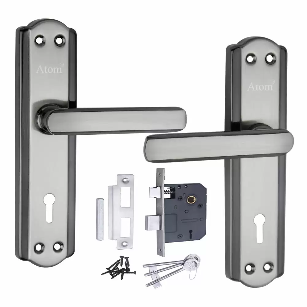 Atom Locks MH-606-KY-BS Brass KY Handle on Plate Door Handleset With Lock Body and Keys (Black Silver)