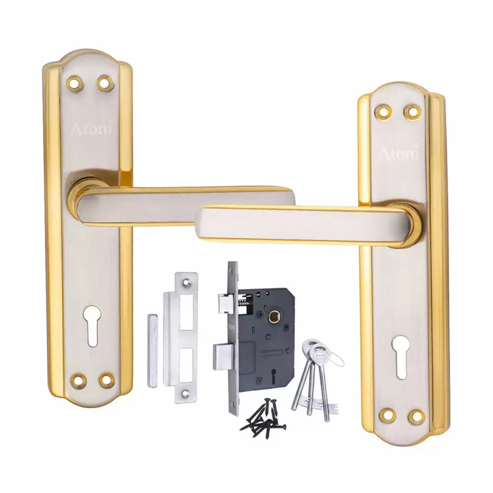 Atom Locks MH-606-KY-SG Brass KY Handle on Plate Door Handleset With Lock Body and Keys (Silver Gold)