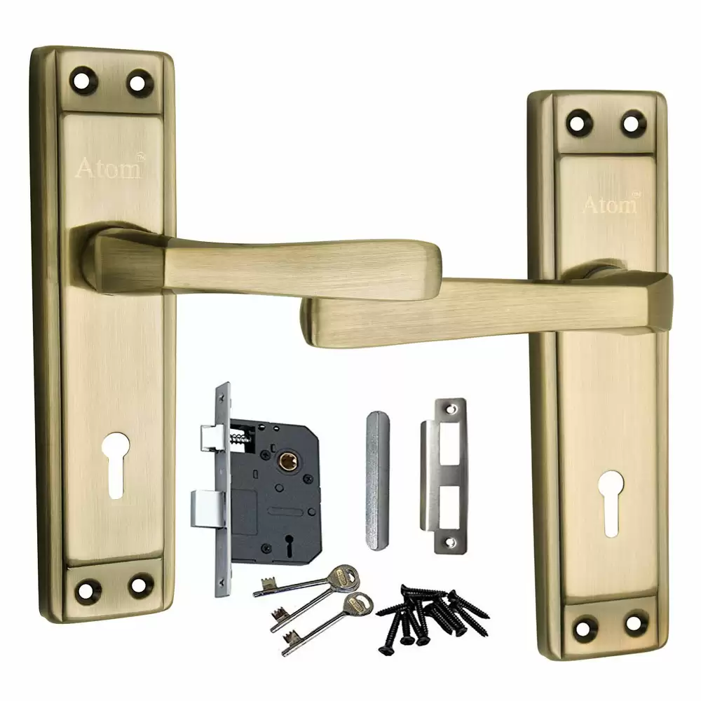 Atom Locks MH-607-KY-BA Brass KY Handle on Plate Door Handleset With Lock Body and Keys (Brass Antique)