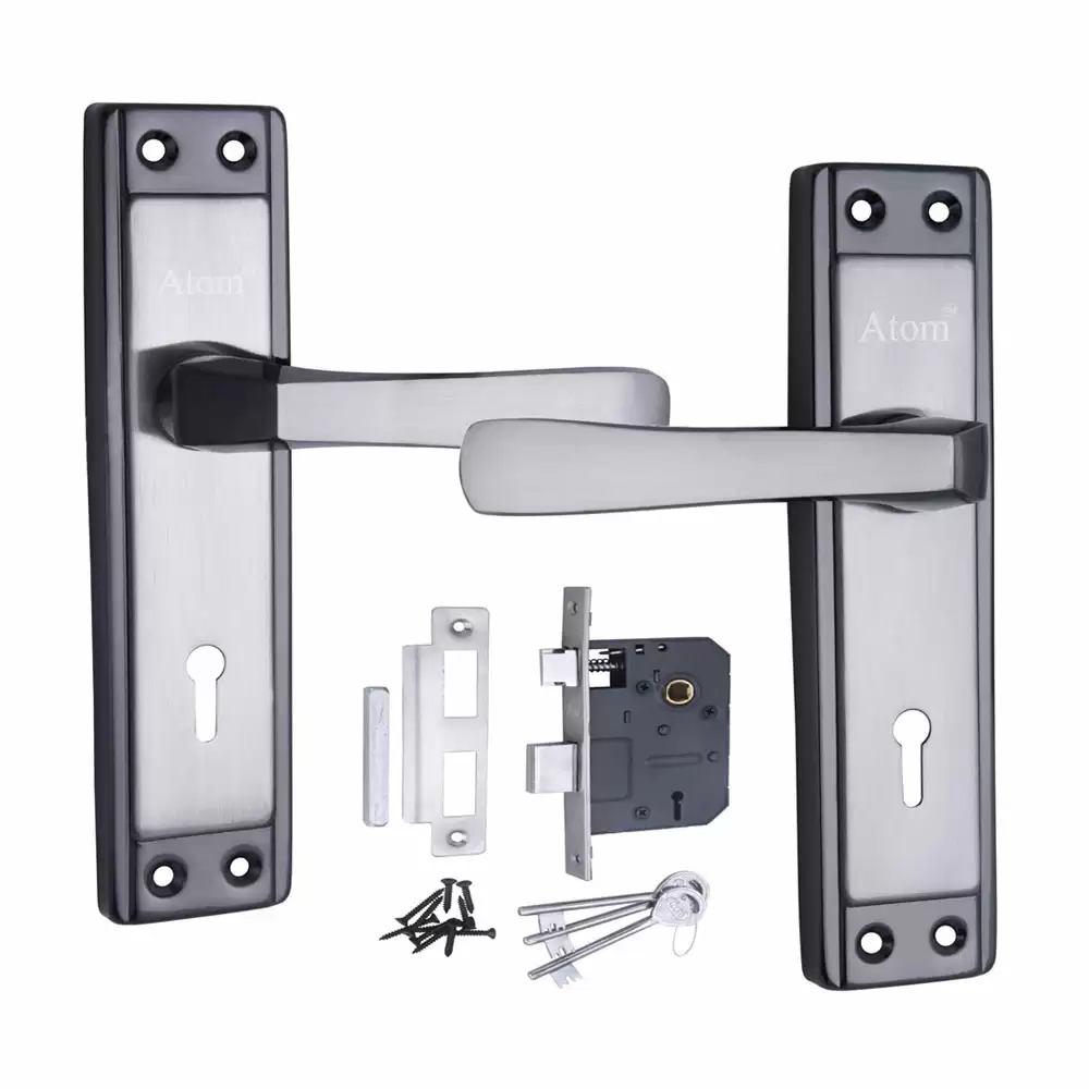 Atom Locks MH-607-KY-BS Brass 7 Inch KY Handle on Plate Door Handleset With Lock Body and Keys (Black Silver)